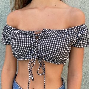 Checkered Off The Shoulder Crop Top!!